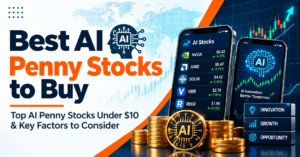 Best AI penny stocks to buy, featuring AI stock charts, smartphones displaying stock prices, and an AI processor.